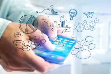 Hand drawn business icon going out a smartphone interface of a man at the office - technology concept