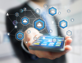 International business network connection displayed on a futuristic interface with technology icon and sphere globe - Worldwide business concept