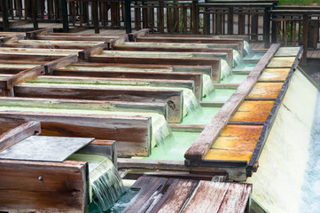 Yubatake hot spring wooden boxes with mineral water