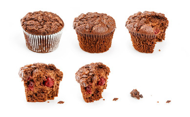 The process of eating cupcakes in six steps isolated on white background