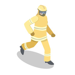 Isometric flat 3D isolated vector cutaway Firefighters in action.