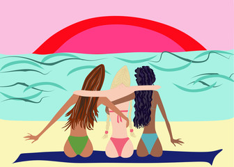Three women on vacation, sitting in swimsuit on the beach in an embrace and admiring the sunset.