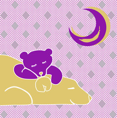 Bear with a bear cub under a pink moon on a pink pattern in a square