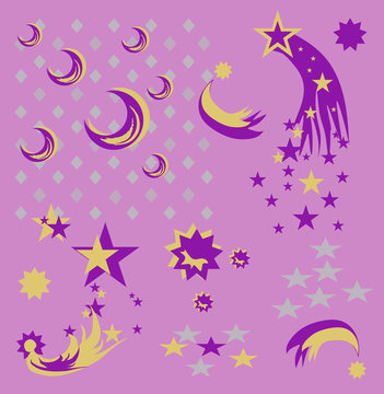 Astronomical bodies. Celestial elements. Design work, objects on a pink background