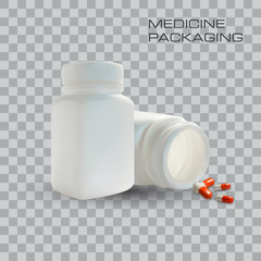 Blank medicine bottle and pills isolated on transparent background. Vector Illustration. Template for business