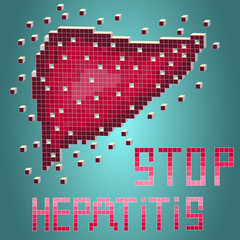World hepatitis day vector illustration, liver disease and protection. Pixel art style poster.