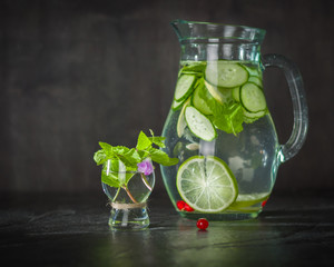 Water detox in a glass jar and a glass. Fresh green mint and berries. A refreshing and healthy drink.