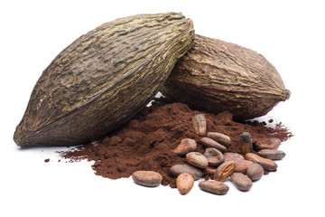 heap of dark cocoa powder with cocoa beans on white background