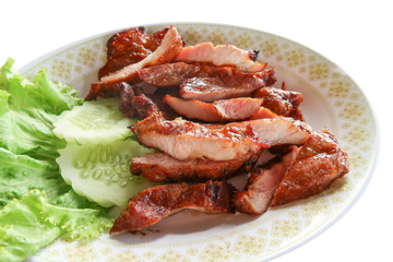 Charcoal-boiled pork neck with cucumber on white background