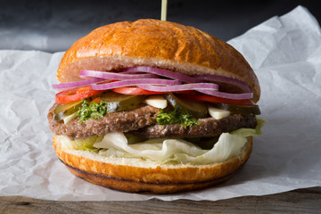 Huge burger on a wrapping paper