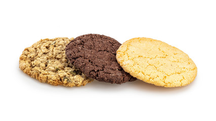 Homemade chocolate, almond and oatmeal cookies isolated on white background