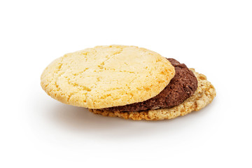 Homemade chocolate, almond and oatmeal cookies isolated on white background
