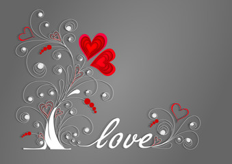Fototapeta na wymiar white love tree with curls and red hearts on a gray background