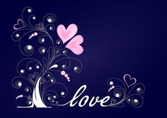white love tree with curls and pink hearts on a dark blue background