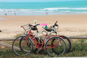 Fototapeta premium Bicycles on the beach of El Palmar, Spain