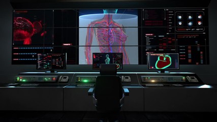 Human medical care center, main control room, Scanning blood vessel in female body in digital display. X-ray view