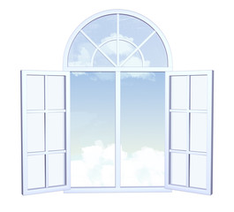 Wide open window with sky and clouds outside the window isolated on white background.