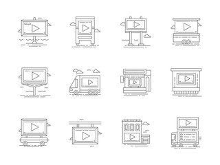 Video advertising flat line vector icons set