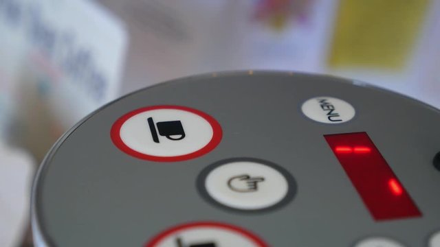 Finger Presses the Button on Automatic Coffee Espresso Machine. Closeup. HD, 1920x1080. 
