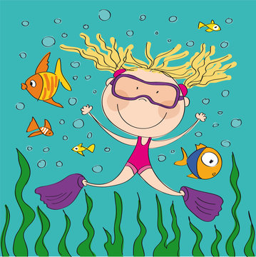 Scuba diver - happy girl swimming in the sea - original hand drawn illustration