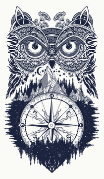 Owl and compass tattoo art. Owl in ethnic celtic style t-shirt design. Owl tattoo symbol of wisdom, meditation, thinking, tourism, adventure