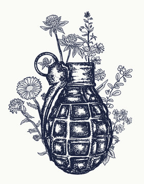 Grenade tattoo and t-shirt design. On the grenade flowers grow.  Symbol of weapon, war and peace, good and evil. Rusty grenade tattoo