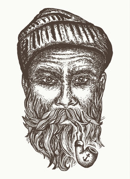 Old sailor, old captain portrait hand drawn. Old man smoking pipe t-shirt design print