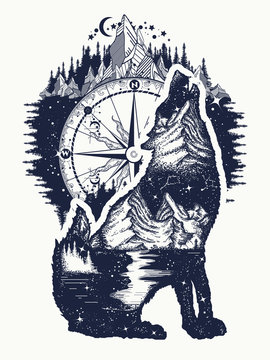 Wolf and mountains double exposure tattoo art. Symbol tourism, travel, adventure, outdoor. Wolf howls tattoo, mountain compass and night sky t-shirt design