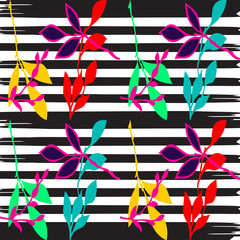Hand drawn branch tropical plant print stripes pattern retro spring summer background vector illustration design, fashion, shirt, textile, greeting card, invitation, wedding