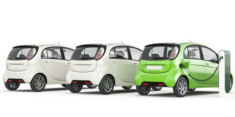 3d rendering of multiple electric cars on a white background