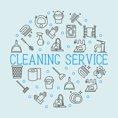 Cleaning service concept with thin line icons in circle: gloves, iron, washer, robot vacuum cleaner, brushes and other accessories for household. Vector illustration for banner, web page, poster.