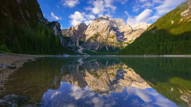 4K Motion time lapse of  Braies Lake at sunrise, Dolomites mountains, Sudtirol, Italy