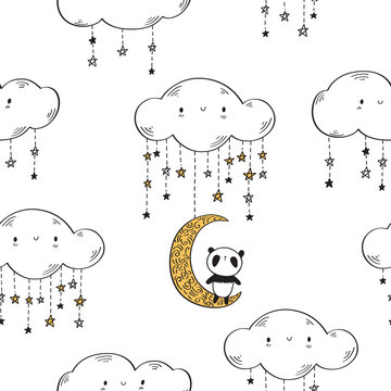 Seamless pattern with cute pandas on the golden moons, clouds and stars for textile, wallpapers, gift wrap and scrapbook. Vector illustration.