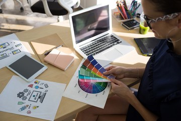 Female executives holding color shade swatch at her desk