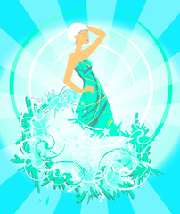Fashion girl silhouette on abstract blue background.
