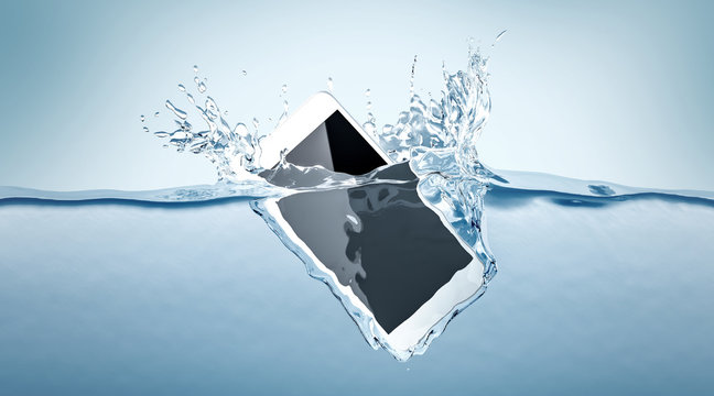 White smartphone mockup fall in water, 3d rendering. Mobile smart phone with touch screen mockup sinks under liquid surface. Electronic waterproof cellphone falling and dive with splashes.