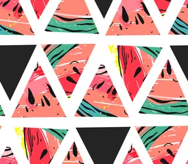 Wallpaper murals Watermelon Hand drawn vector abstract collage seamless pattern with watermelon motif and triangle hipster shapes isolated on white background