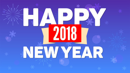 Fototapeta na wymiar 2018 Happy New Year greeting horizontal poster on night sky backdrop. Fireworks, snowflakes on blue background. Paper design with small shadow. Greeting poster for your loved ones
