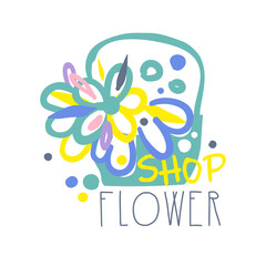 Shop flower logo template colorful hand drawn vector Illustration with basket of flowers