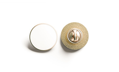 Blank white round gold lapel badge mock up, front and back side view, 3d rendering. Empty hard...