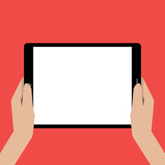 Hands holing tablet computer with a white screen. Using digital tablet pc.. Vector illustration