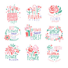 Flower shop set of logo templates colorful hand drawn vector Illustrations