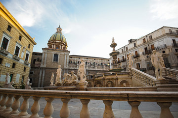 Fontana Pretoria (fountain of shame) on the sunset in the city of Palermo, Sicily, Italy.