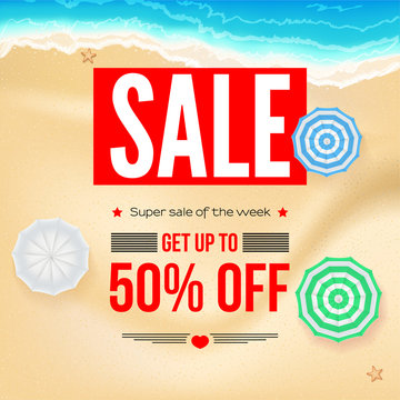 Selling ad banner, vintage text design. Fifty percent summer vacation discounts, sale background of the sandy beach and the sea shore. Template for online shopping, advertising actions.