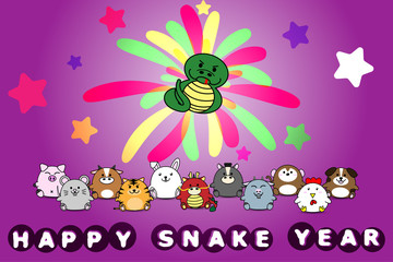 Happy new year for Snake year of animal symbol Chinese zodiac horoscope in cartoon vector design illustration