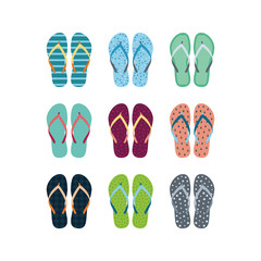 Summer flip flops set isolated on white background. Flip flops with different designs drawn in flat style