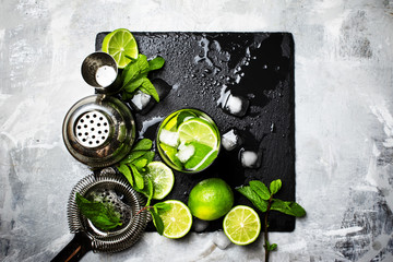 Mojito cocktail, food background, top view
