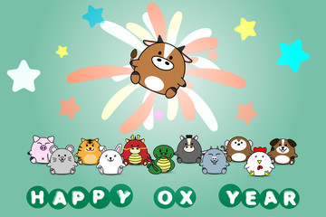 Happy new year for Ox year of animal symbol Chinese zodiac horoscope in cartoon vector design illustration