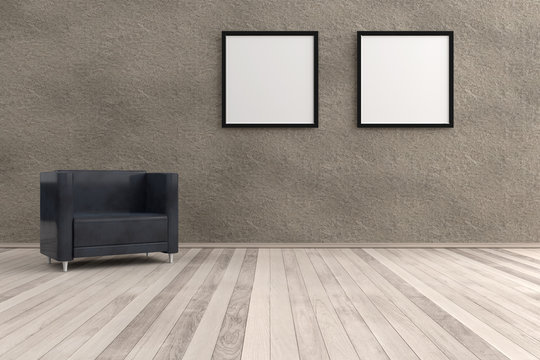 Gem&uuml;tlich mit Bildern. 3D Wohnraum mit schwarzem Sessel Betonwand und Dielenboden. An der Wand zwei Bilderrahmen schwarz weiss.