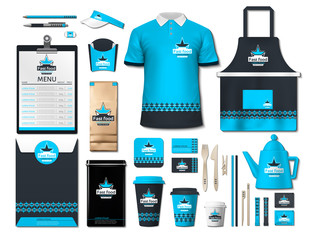 Business fastfood corporate identity items set. Vector fastfood Color promotional uniform, apron, menu, timetable, coffee cups design with logos. Work Stuff Stationery realistic collection